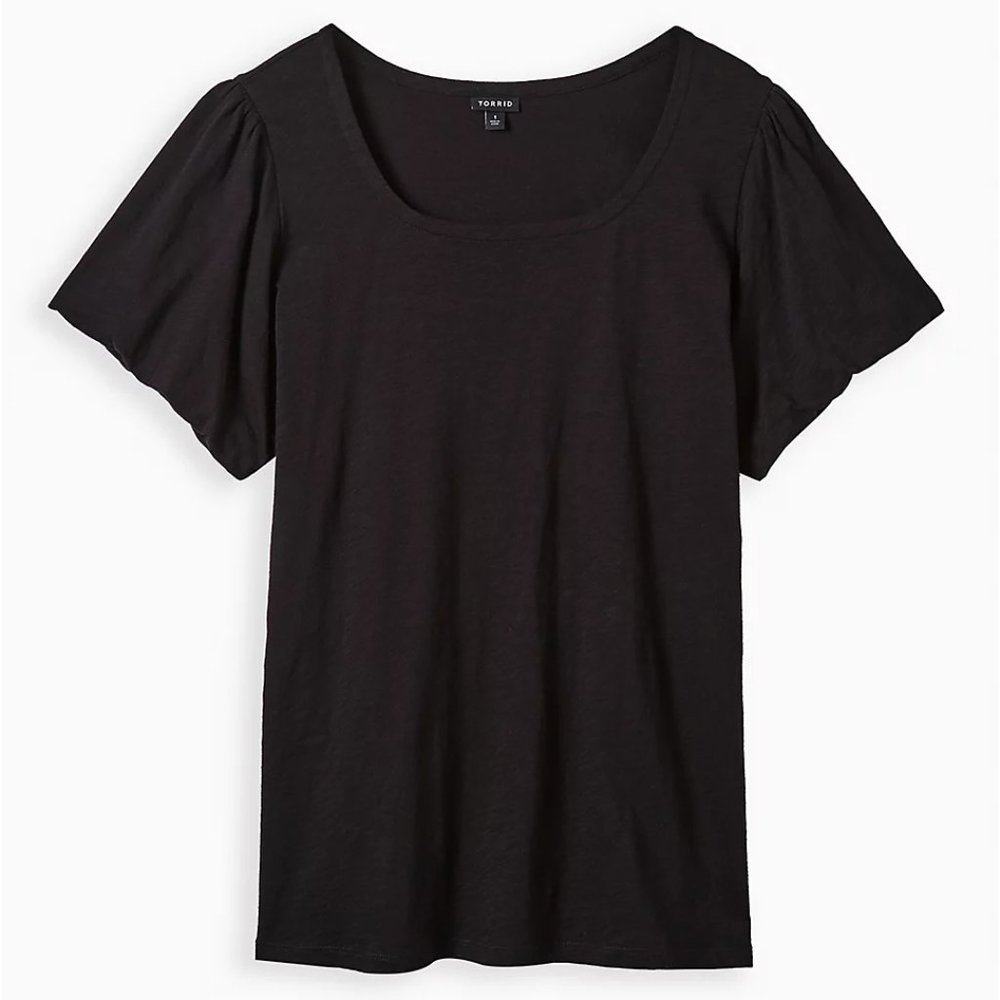PUFF SLEEVE TEE BLACK HERITAGE SLUB KNIT COTTON - Plus Size 3X - Picture 7 of 8